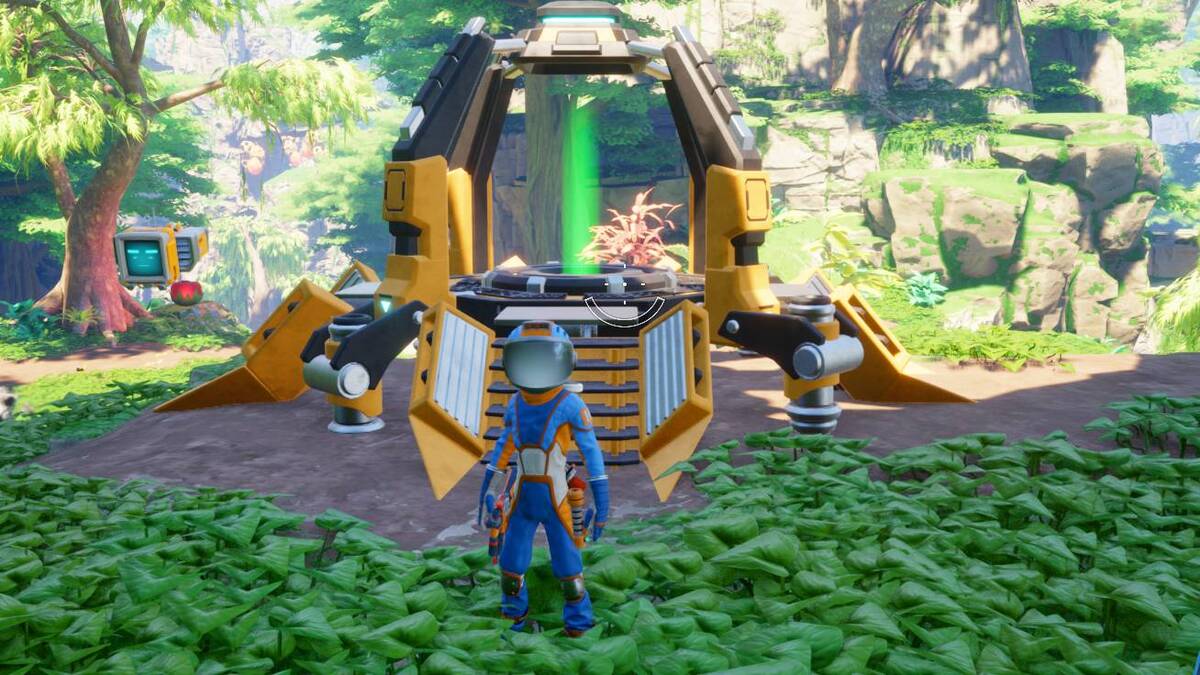 Revenge of the Savage Planet fast travel: character in front of a teleporter.