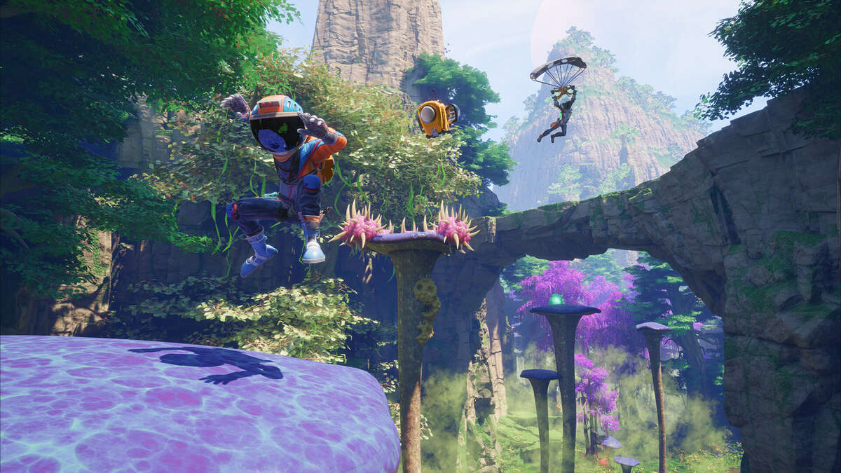 Revenge of the Savage Planet: astronaut jumping on a large plant.