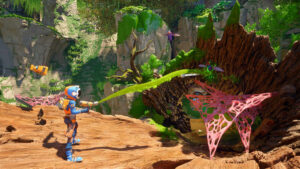 Revenge of the Savage Planet how long to beat: astronaut shooting goo on an alien planet.