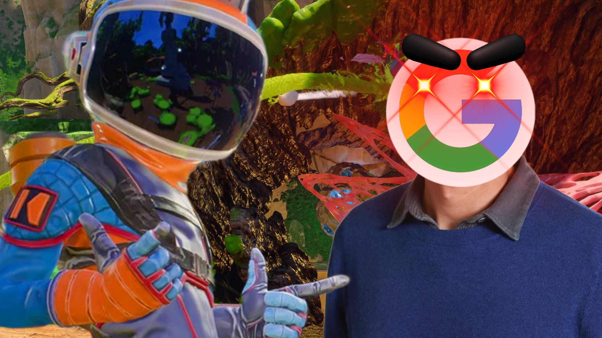 Revenge of the Savage Planet guy next to an angry google
