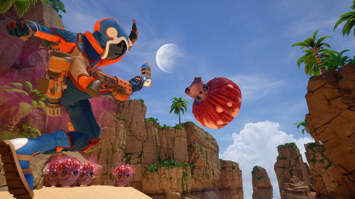 Revenge of the Savage Planet: astronaut kicking a mushroom.