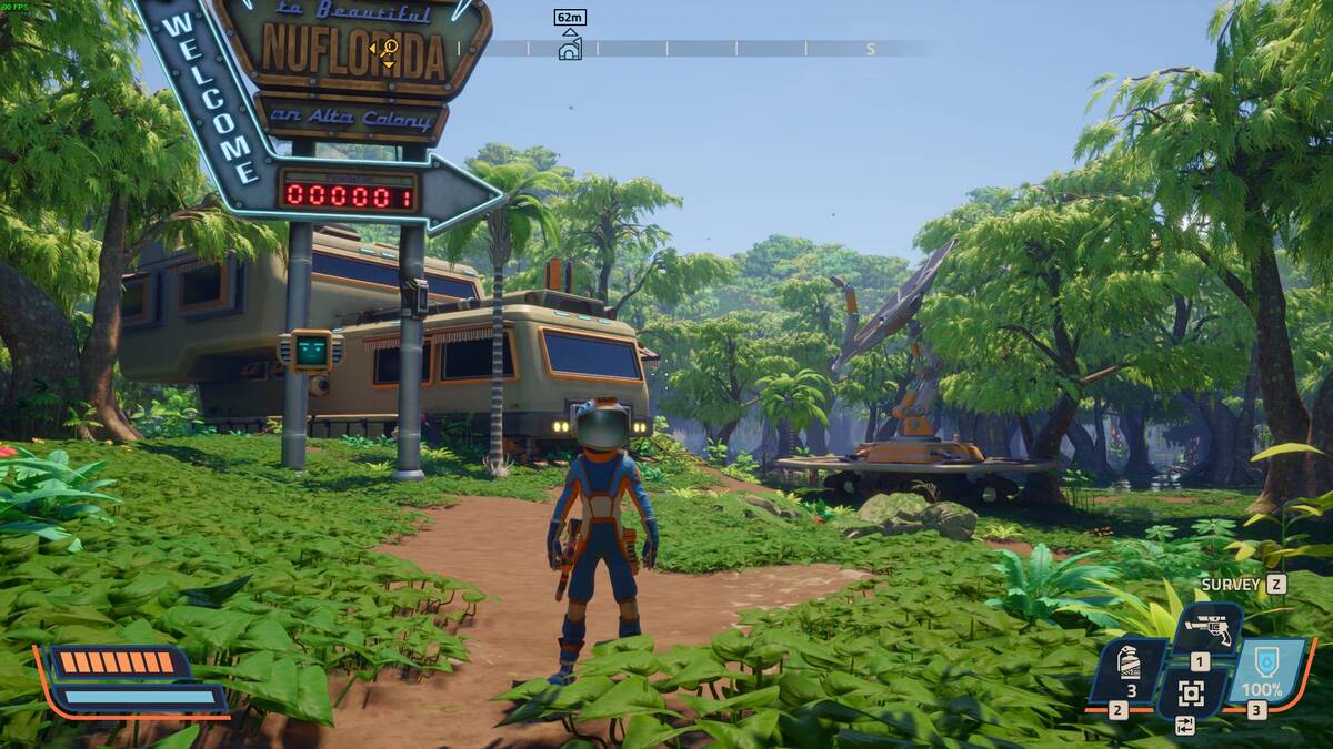 Revenge of the Savage Planet tips and tricks: astronaut outside a base on an alien planet.