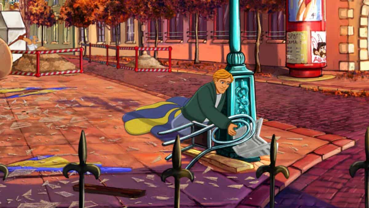 A man in a green jacket leans on a blue street lamp while reading a newspaper, with a colorful street and autumn leaves in the background. The scene resembles something out of Broken Sword: Reforged