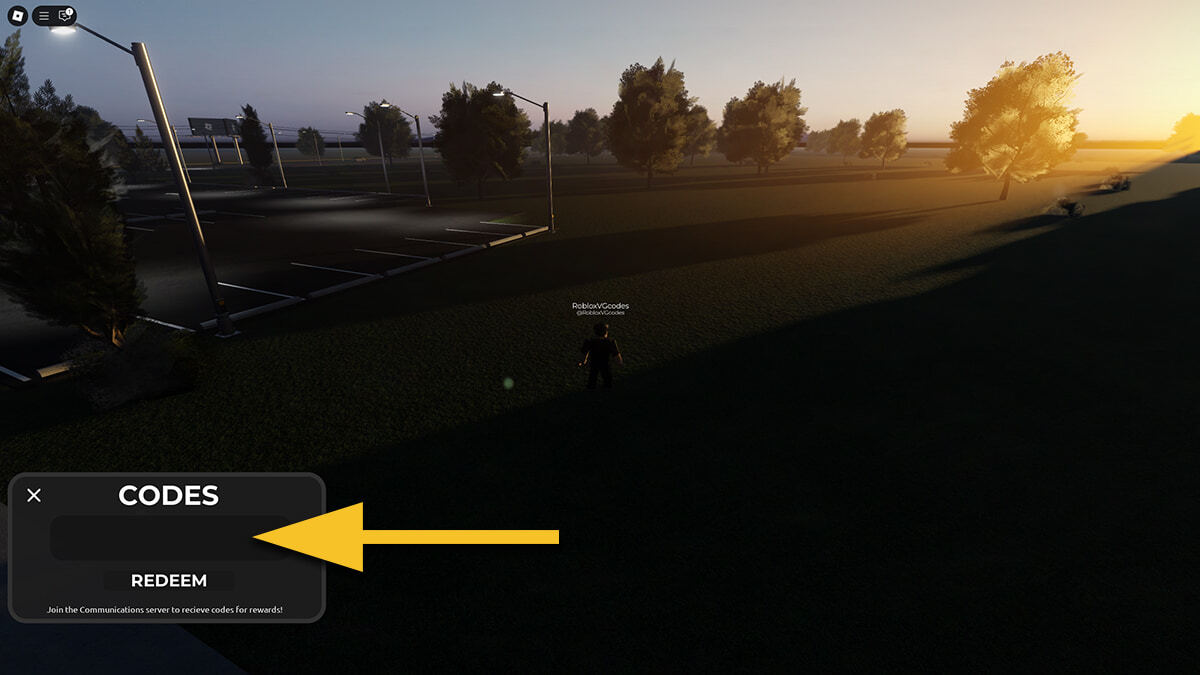 A yellow arrow points at the text box where the player can input the codes.