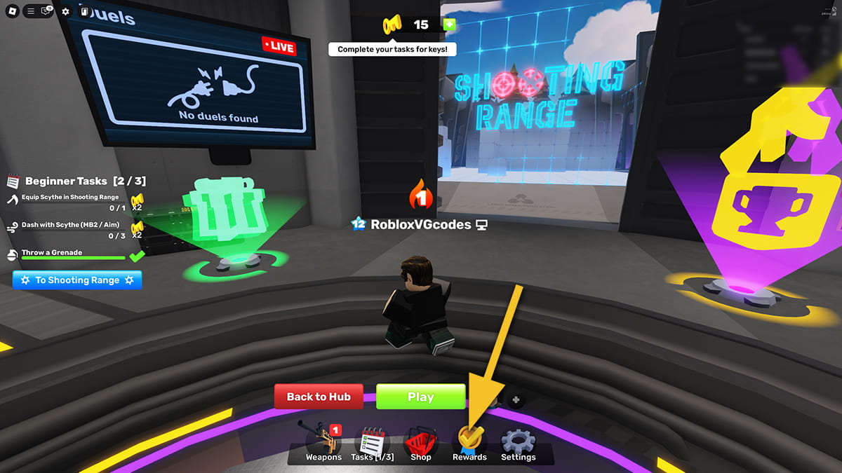 Image of the lobby screen in Rivals on Roblox, with an arrow pointing at the Rewards icon.