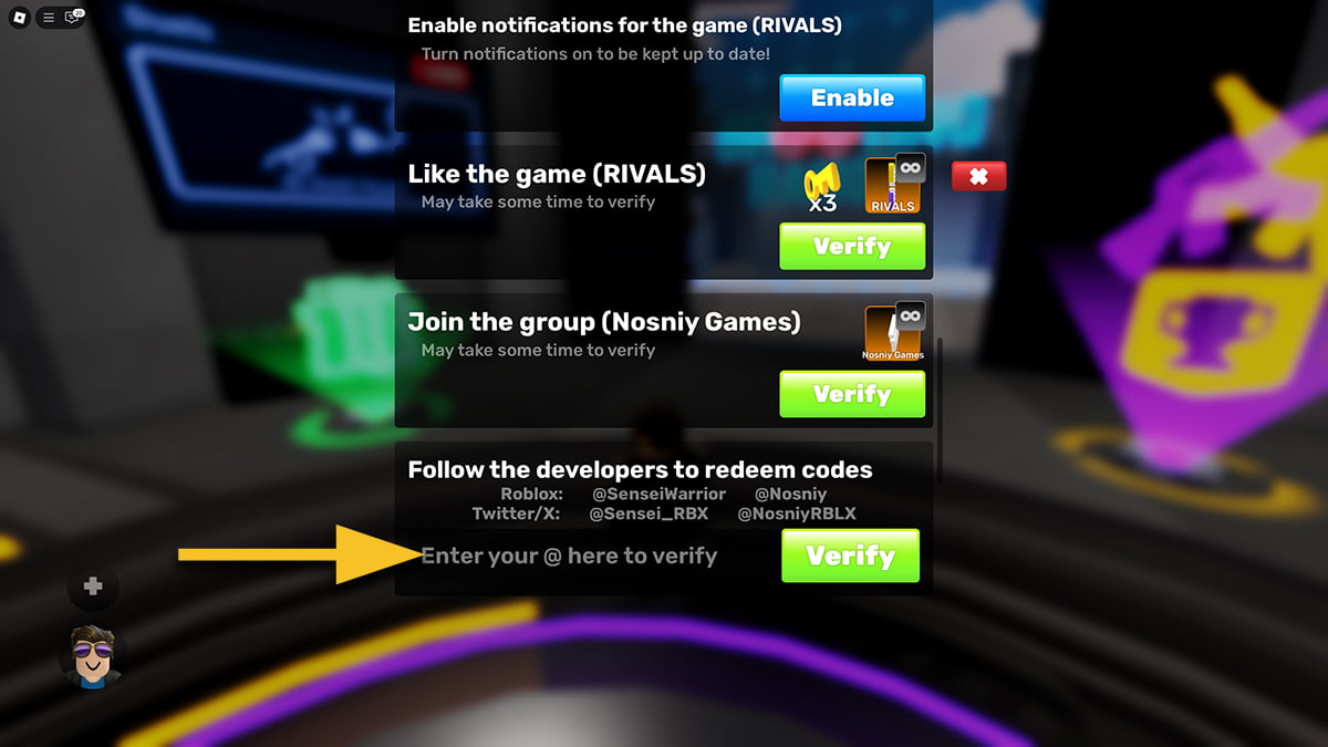 Image of the Rewards window in Rivals on Roblox, with an arrow pointing at the verification text box.
