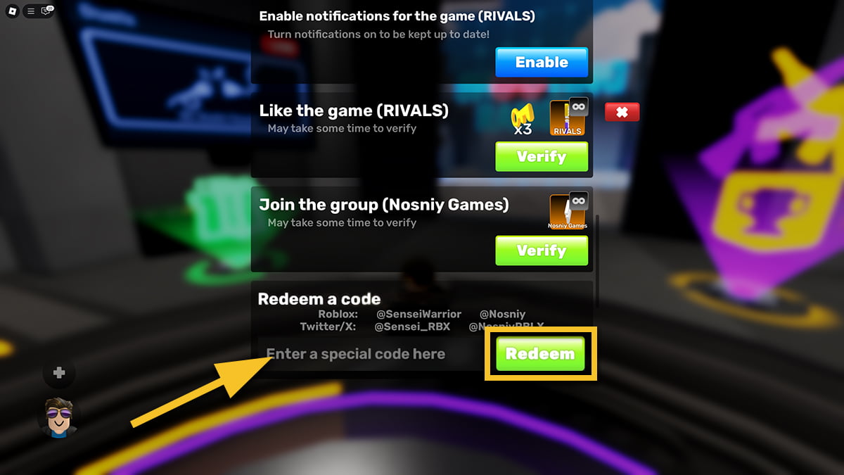 Image of the Rewards window in Rivals on Roblox, with an arrow pointing at the code redemption text box.