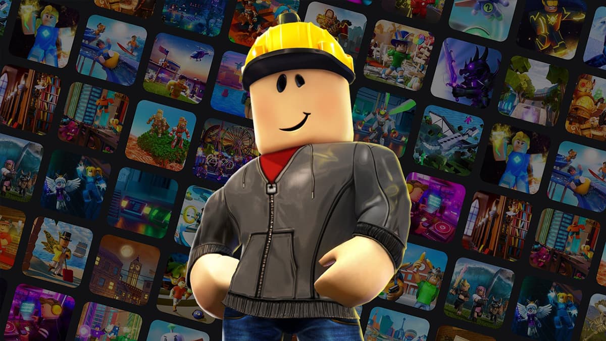 Image of a Roblox character standing in front of a collage of Roblox game covers.