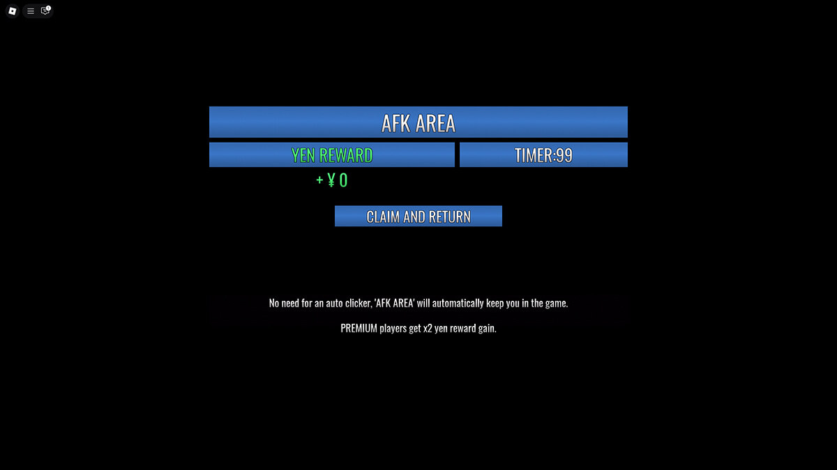 AFK Area in Roblox LOCKED, showing the current Yen reward and the remaining time until the next reward.