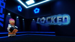 A Roblox LOCKED character sitting in a bench in a dark blue chamber, with a large LOCKED written on the wall.