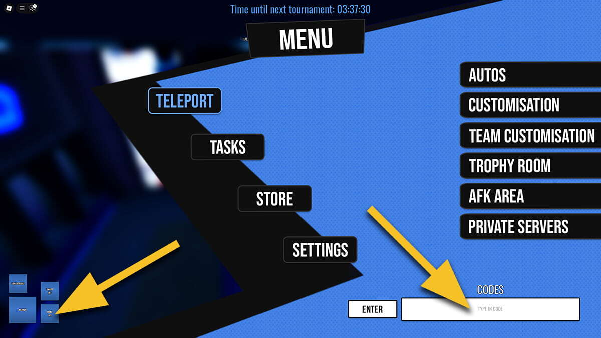 Two yellow arrows pointing towards the Menu button in Roblox Locked and toward the text box for the codes.