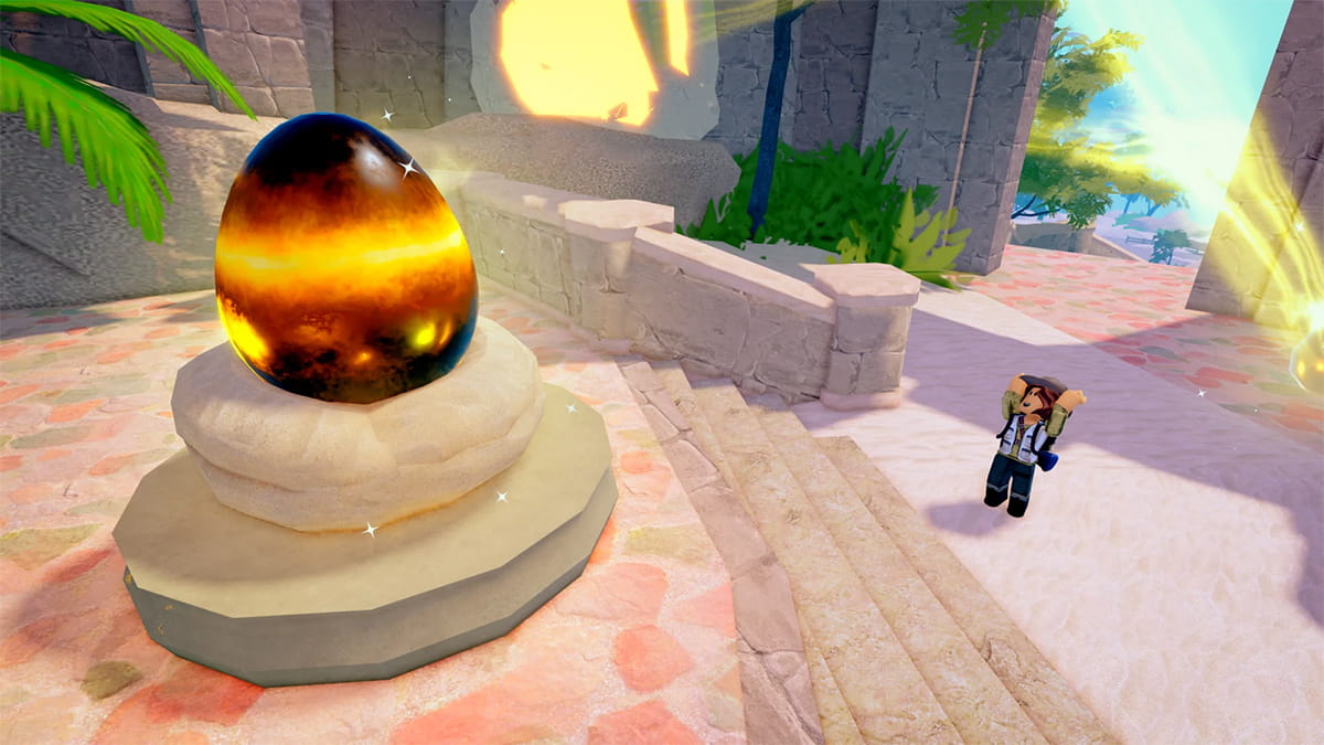 Image of the player's Roblox avatar approaching a magma-shell egg rewards as part of The Hatch 2025 event.