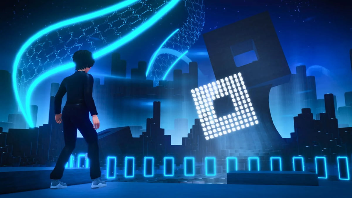 Image of a character facing a digital Roblox symbol for the event The Hunt: Mega Edition.