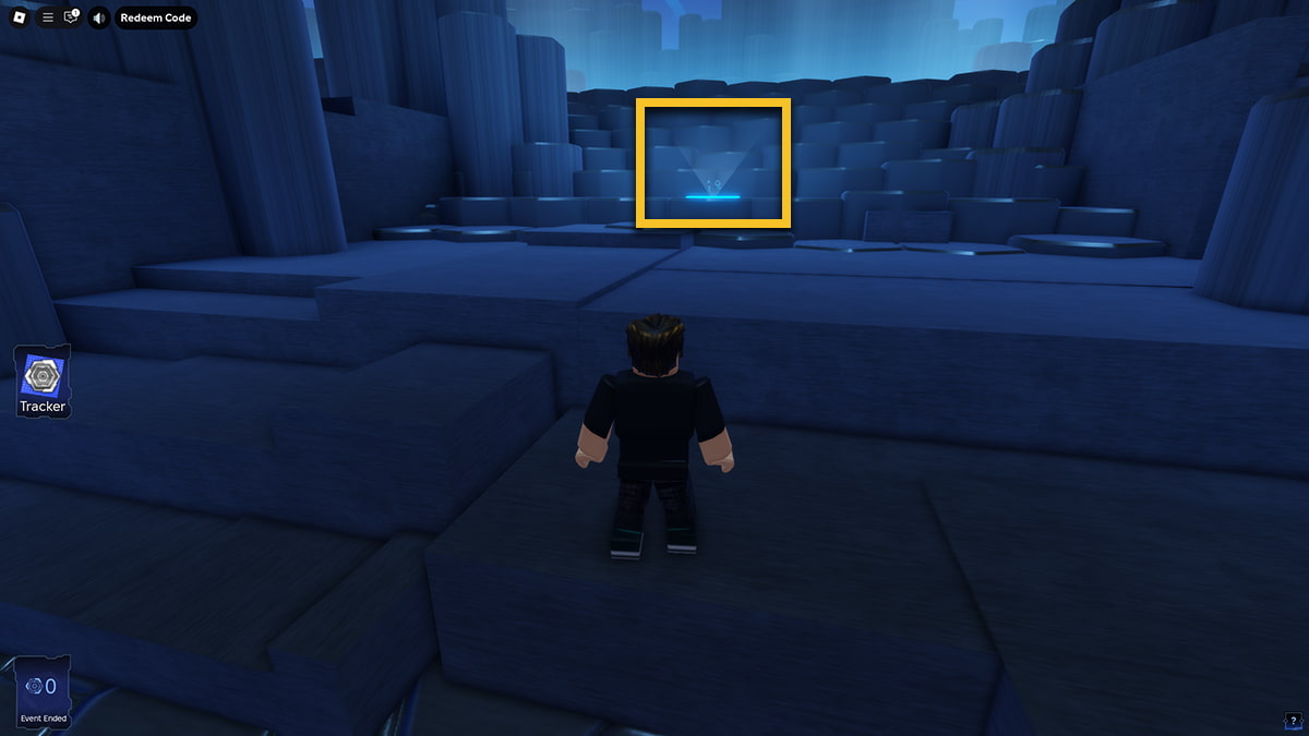 Image of the player in The Hunt Mega Edition hub on Roblox facing a glowing hex that has been outlined.