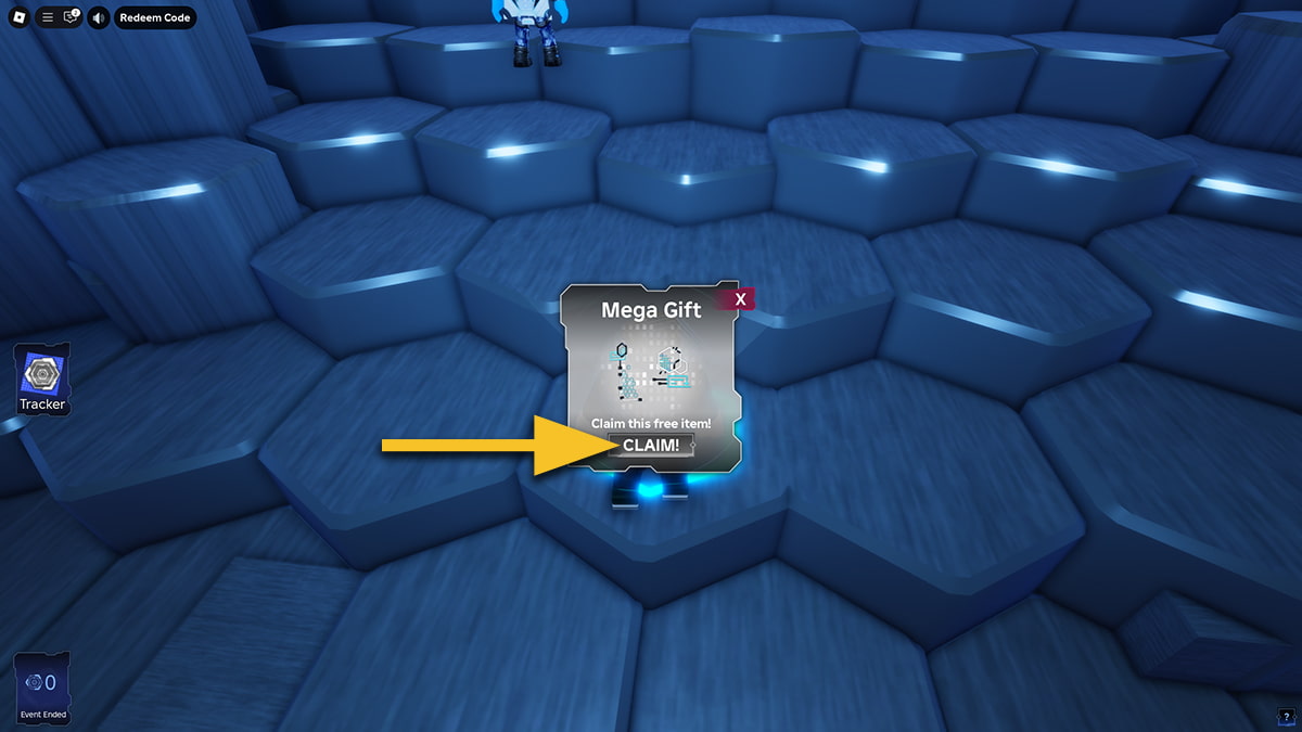 Image of the player in The Hunt Mega Edition hub on Roblox with the Mega Gift window open and an arrow pointing at the Claim button.