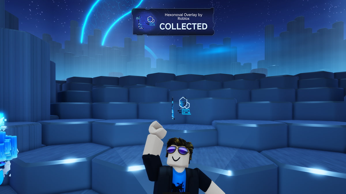 Image of the player claiming the free Hexonoval Overlay reward in Roblox The Hunt: Mega Edition.