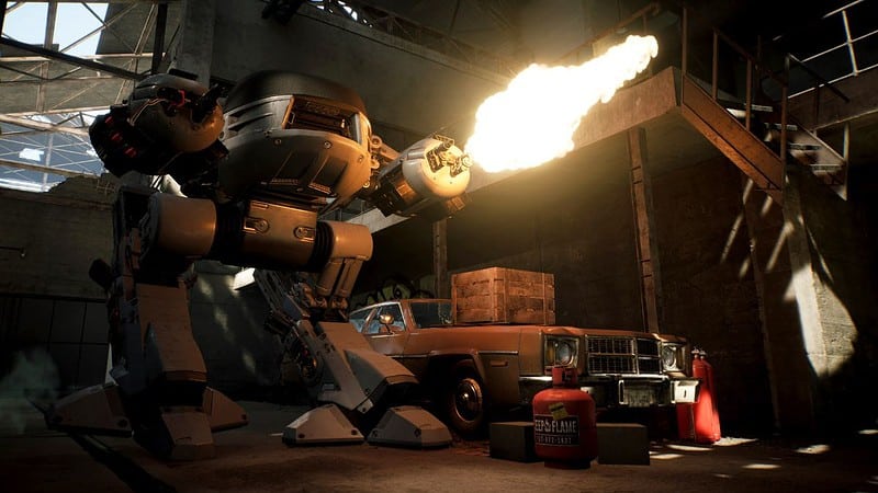 RoboCop: Rogue City screenshot shows a mech shooting.