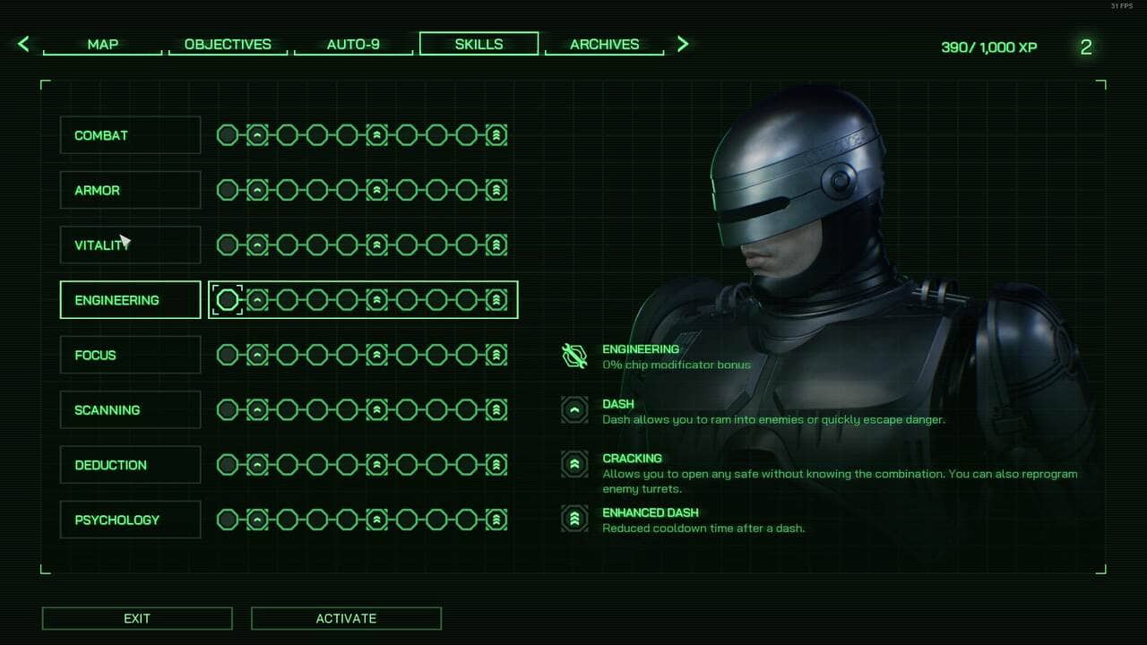 How to level up fast in RoboCop: Rogue City: The skill menu in the game.