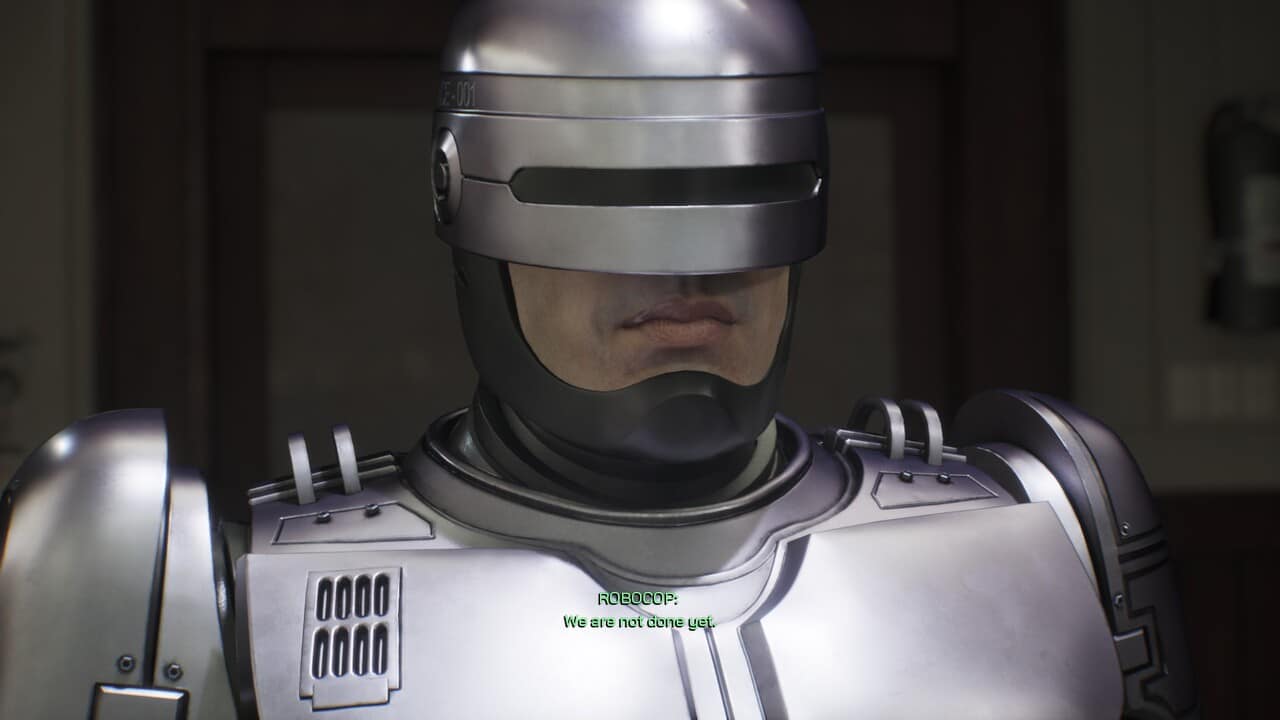 RoboCop: Rogue City: A close-up of RoboCop in the police precinct.