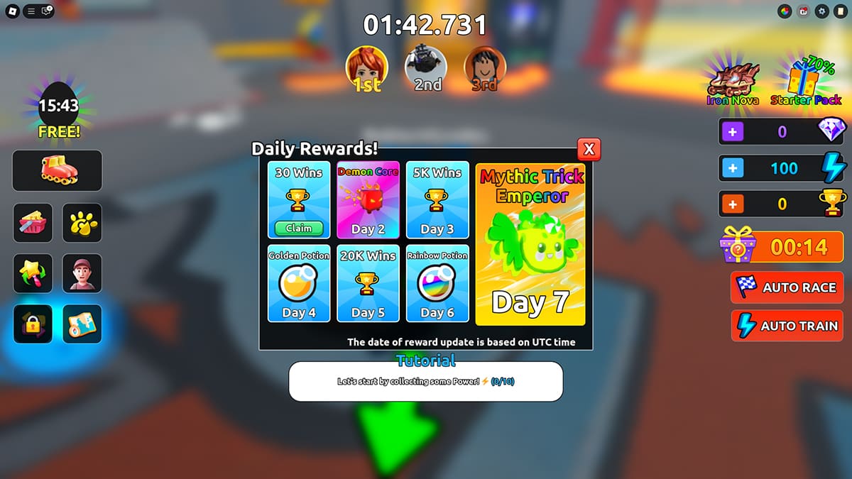 Image of the Daily Rewards window in Roller Training on Roblox.