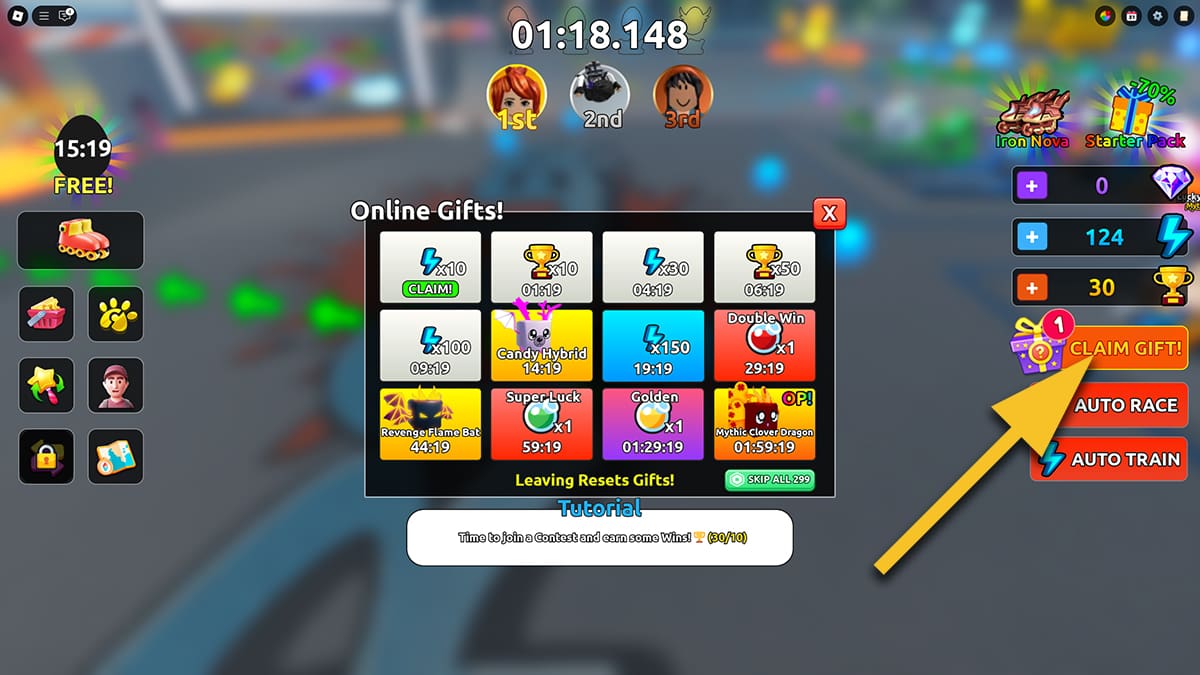 Image of the Online Gifts window in Roller Training on Roblox, with an arrow pointing at the Claim Gift! button.