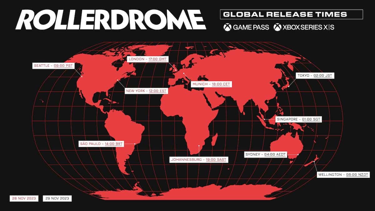 A global map showing the release times for Rollerdrome on Xbox.