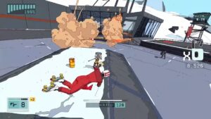 A roller skater shoots at enemies in Rollerdrome.