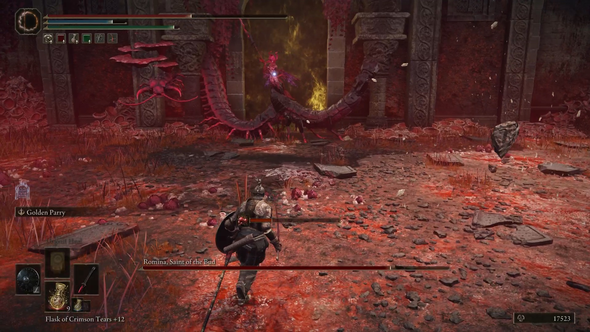 elden ring shadow of the erdtree romina, saint of the bud boss guide how to beat - romina stands at the arena entrance