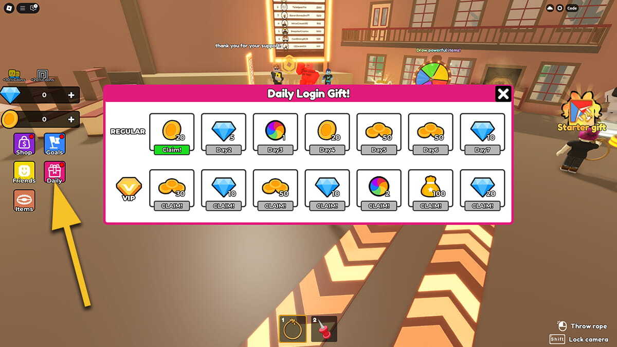 A yellow arrow points at the Daily button on the left side of the image. The Rope Battles Daily Login Gift window showcases the rewards in the centre of the image.