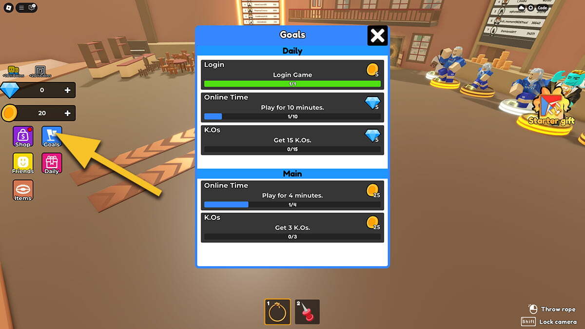 A yellow arrow points at the Goals button on the left side of the image. The Goals menu is in the centre of the image, showcasing various Goals in Rope Battles.