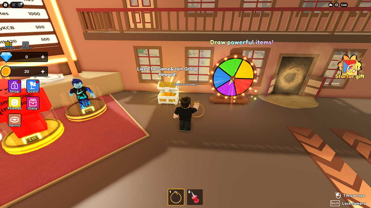 A Rope Battles player looks at a Chest and a Spinning Wheel.