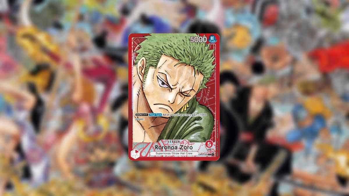 A collectible card featuring an illustrated character named Roronoa Zoro from the anime series One Piece, set against a blurred background of other cards, is among the most expensive One Piece TCG