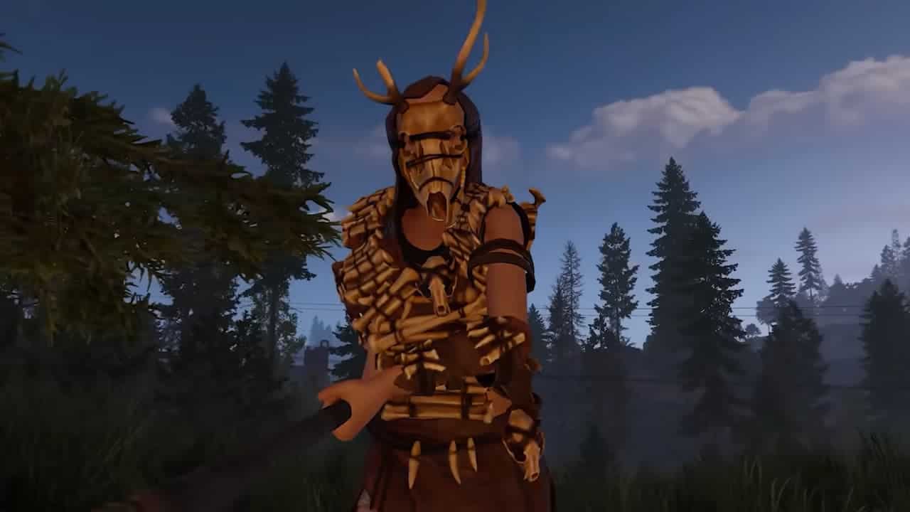 A rust player holding a spear and wearing bone armor