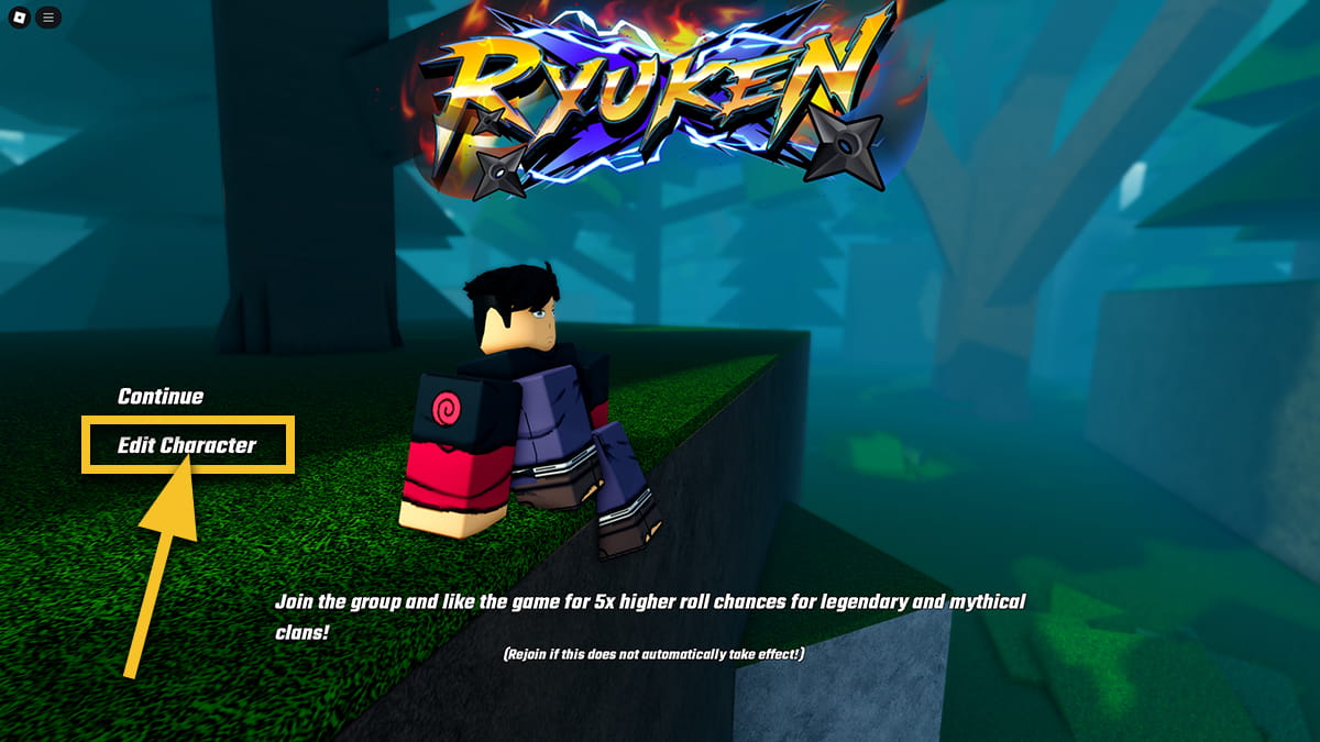 Image of the character selection screen in Ryuken on Roblox, with a box and arrow focusing on the Edit Character option.