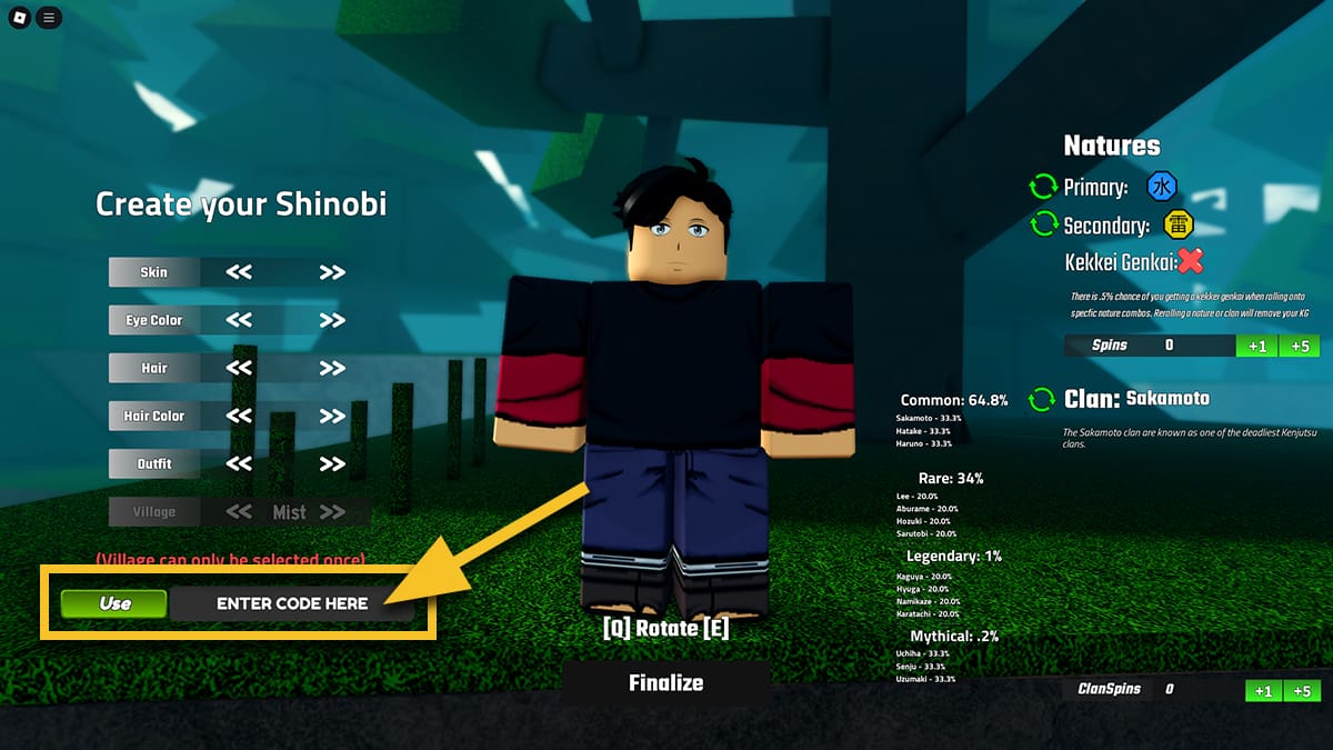 Image of the Edit Character screen in Ryuken on Roblox, with an arrow pointing at the code input text box.