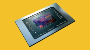 An image of a chip on a yellow background, showcasing the Ryzen 7 8700G processor.