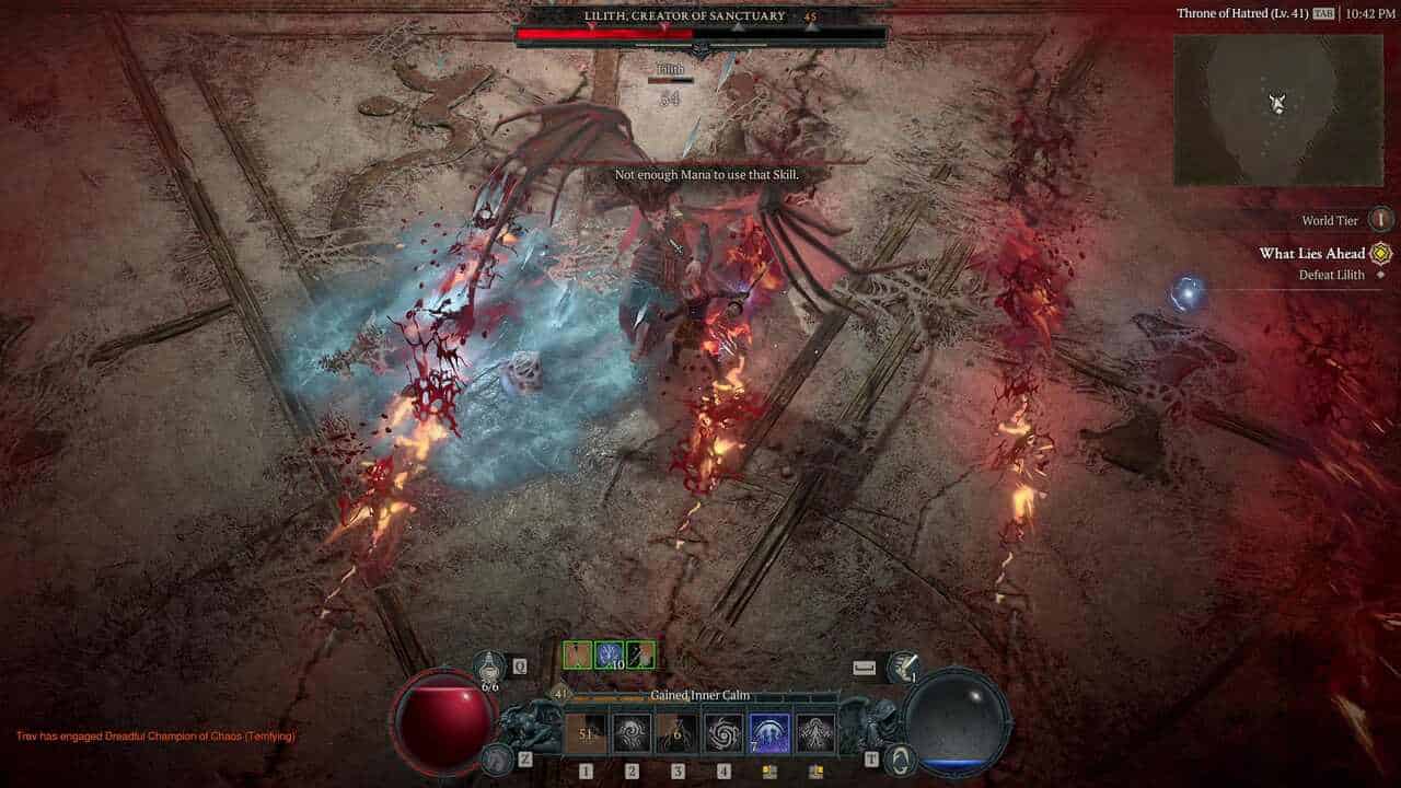 Diablo 4 Lilith boss: Fighting Lilith up close. Fiery claw marks run vertically across the ground.
