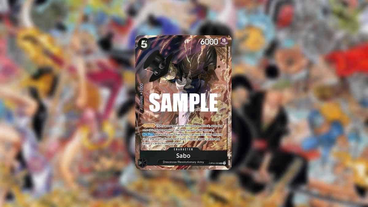 A collectible trading card featuring the character "sabo" from the popular anime One Piece, set against a blurred background of other cards from the most expensive series according to the 2024 price guide