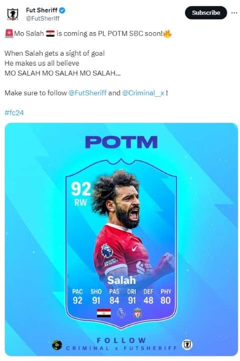 fut sheriff tweet salah potm leak fc 24