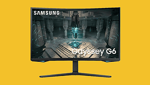 Get a major discount on Samsung's corsey g6 gaming monitor on a yellow background.