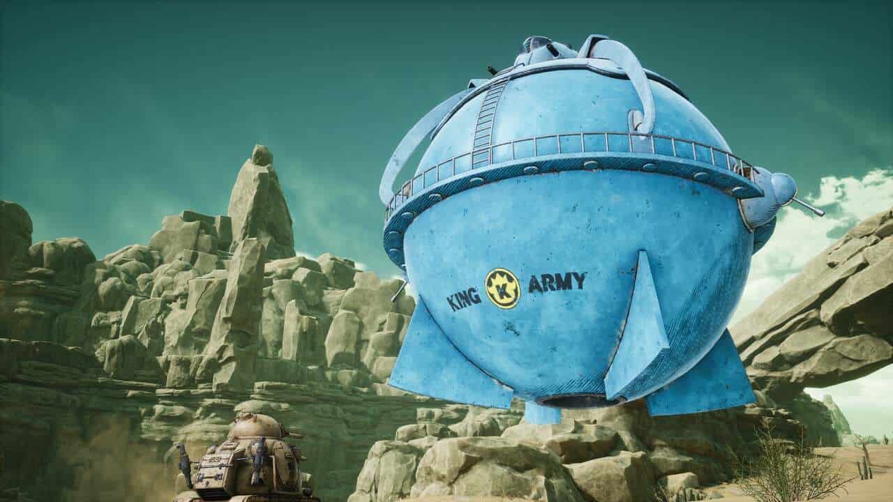 Sand Land review: A giant blue sphere floating above a tank with rocky outcrops in the background.