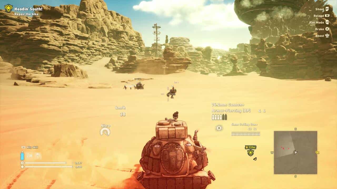 Sand Land review: A tank preparing to fire on a jump bot in the middle of a desert.