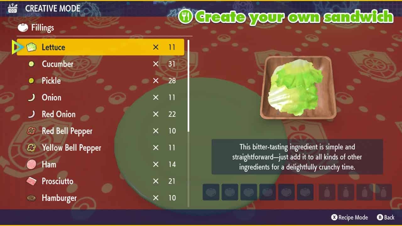 create a sandwich menu of the ingredient lettuce in pokemon scarlet and violet