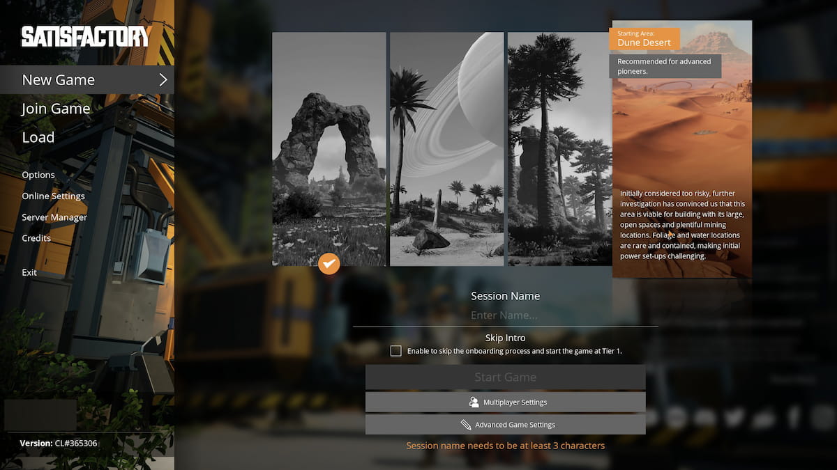 Image of the starting locations selection screen in Satisfactory, showing Dune desert biome.