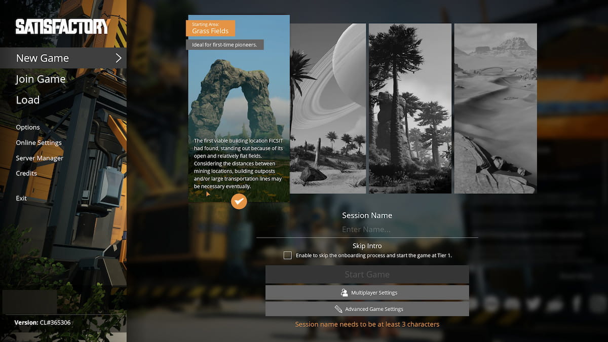 Image of the starting locations selection screen in Satisfactory, showing Grass fields biome.