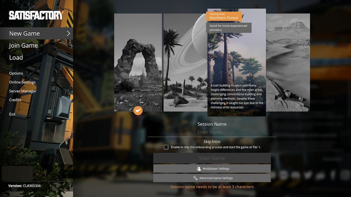 Image of the starting locations selection screen in Satisfactory, showing Northern forest biome.