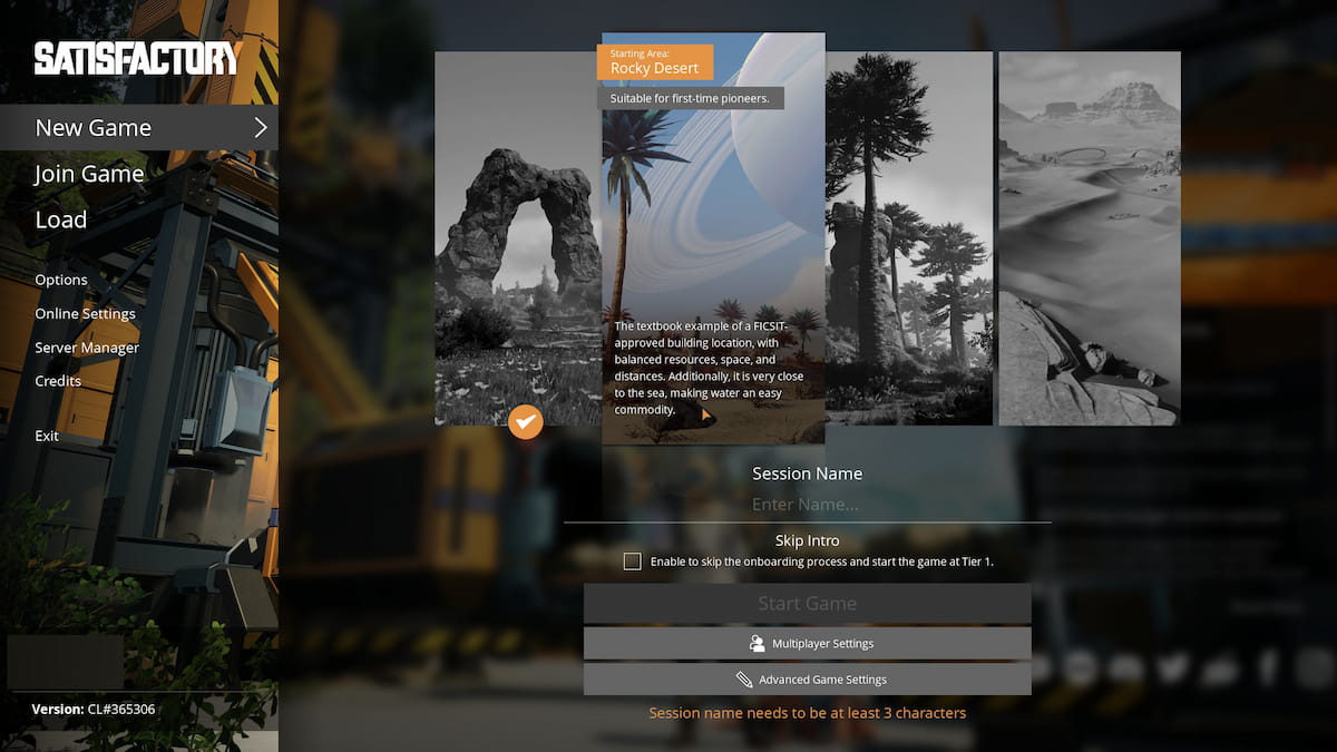 Image of the starting locations selection screen in Satisfactory, showing Rocky desert biome.