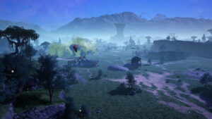 Image of a fledgling factory and surrounding landscape in Satisfactory.