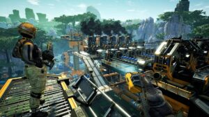 Image of a factory and worker from the game Satisfactory.