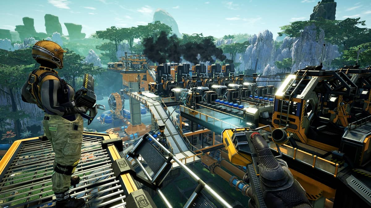 Image of a factory and worker from the game Satisfactory.